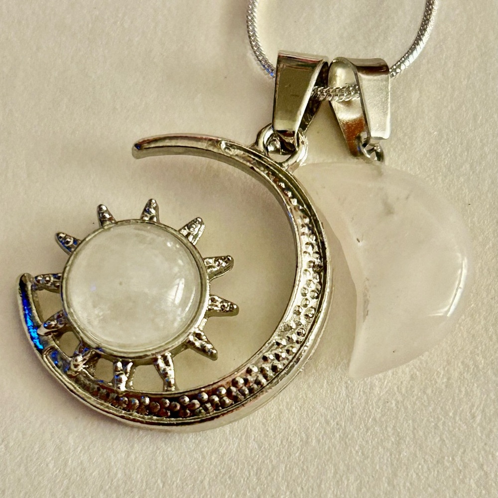 NWOT Necklace 2 white Quartz stone Moons & Sun .925 Sterling Silverpl. chain 24”